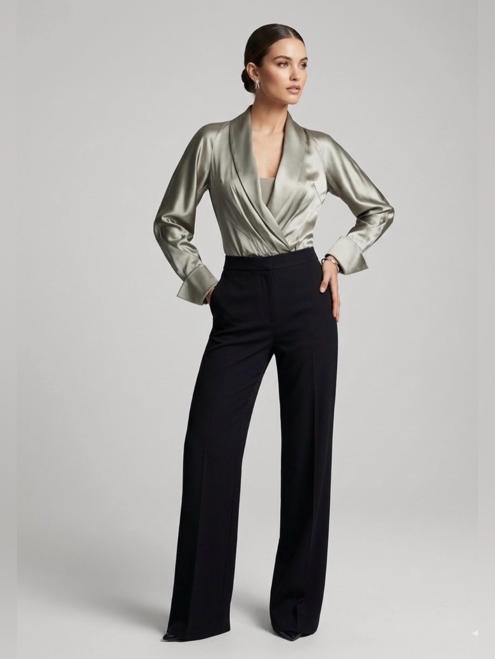Donna Karan Silver Satin Wrap-Front bodysuit